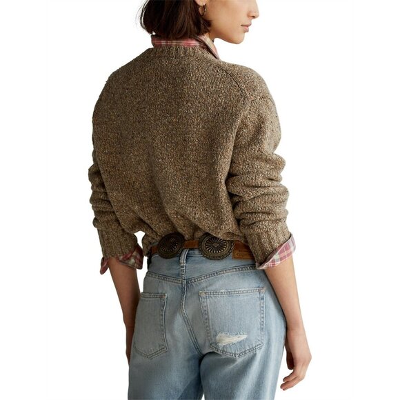 POLO RALPH LAUREN Tan Pink Logo Wool Blend Varsity Crew Neck Sweater, Size S - Picture 2 of 15